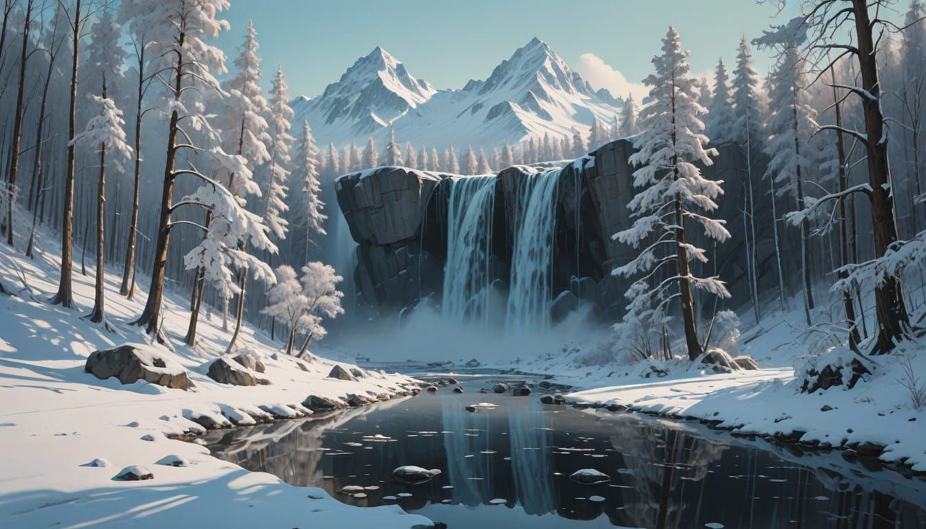 Dreamy Snowy Landscapes with Magical Waterfalls in Hyper-Rea...