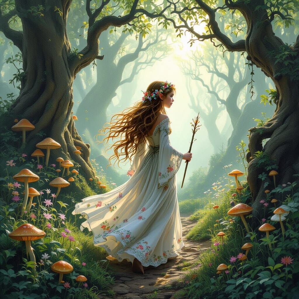 Elf Maiden in Misty Forest: Art Nouveau Fantasy