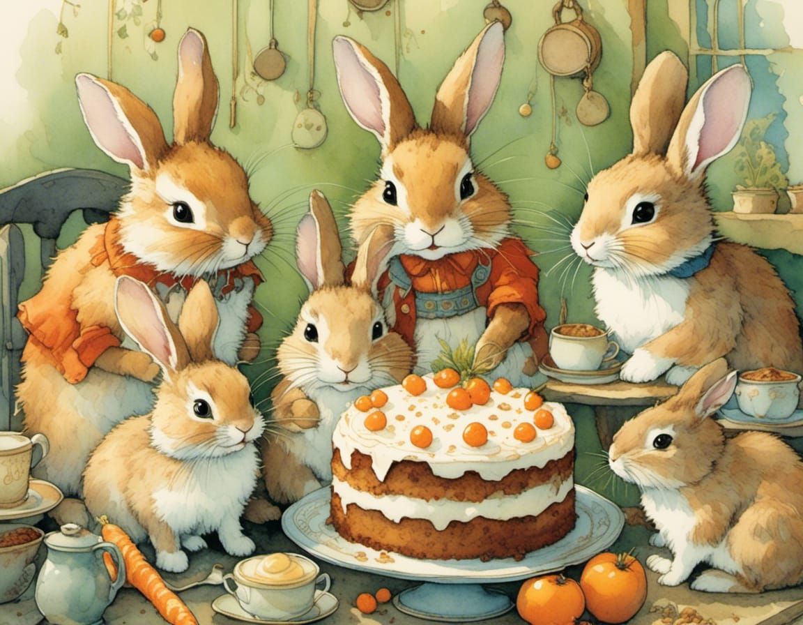 Bunnies Enjoying Cake: Whimsical Children's Book Illustratio...