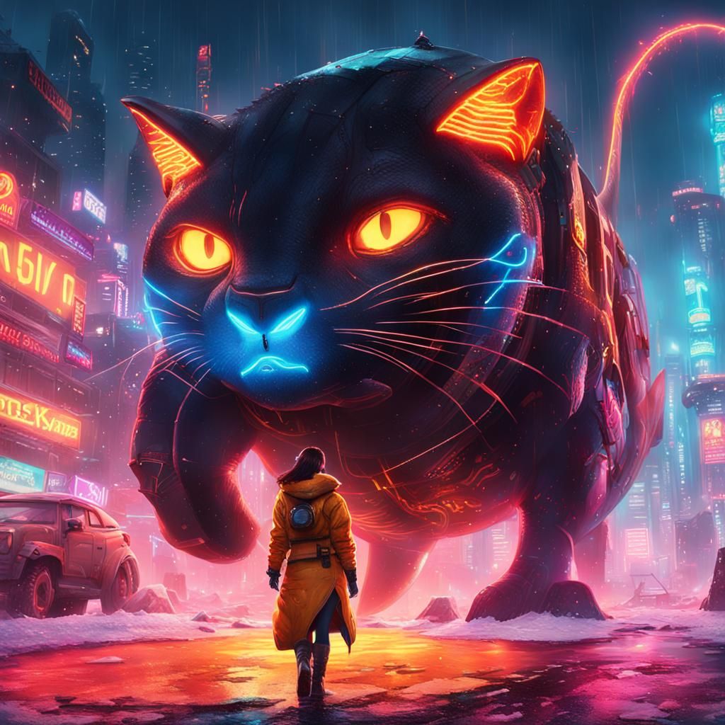Cat Transformation in Cyberpunk Snowscape