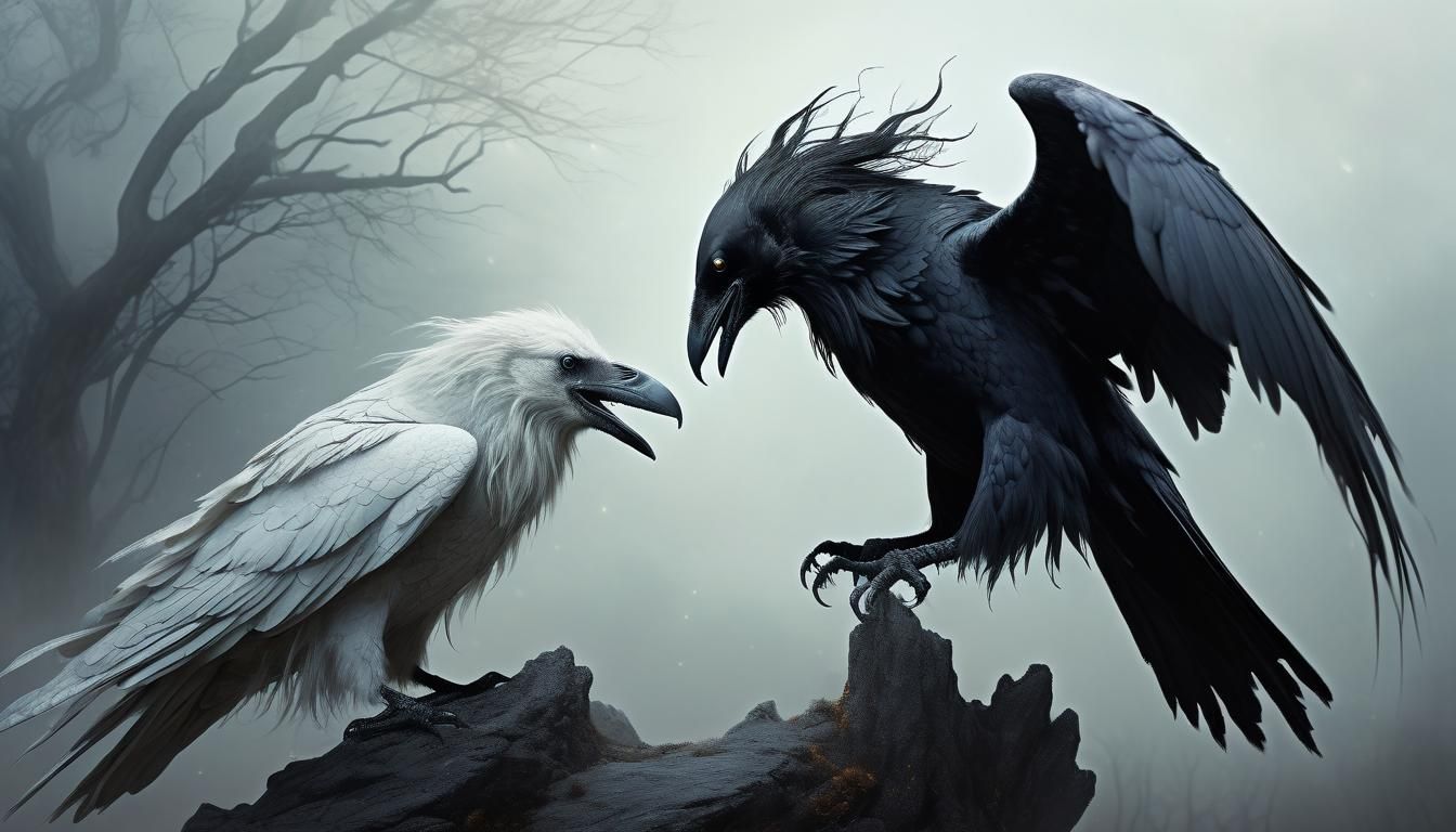 Raven Tormenting Ghost Dragon Apparition in Ethereal Style