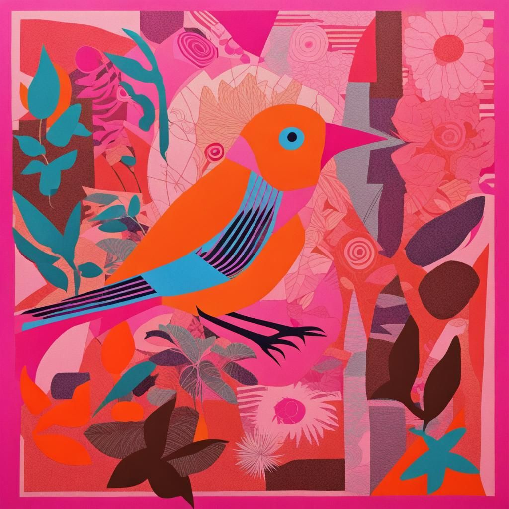 Birds and Botanicals Collage in Expressionist Pop Art Style