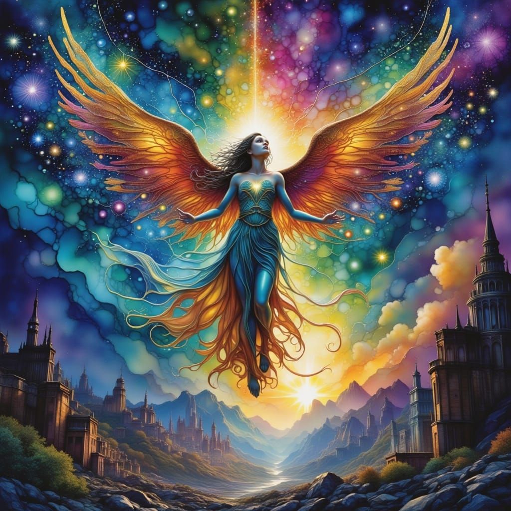 Cosmic Angel Over Shattered Cityscape