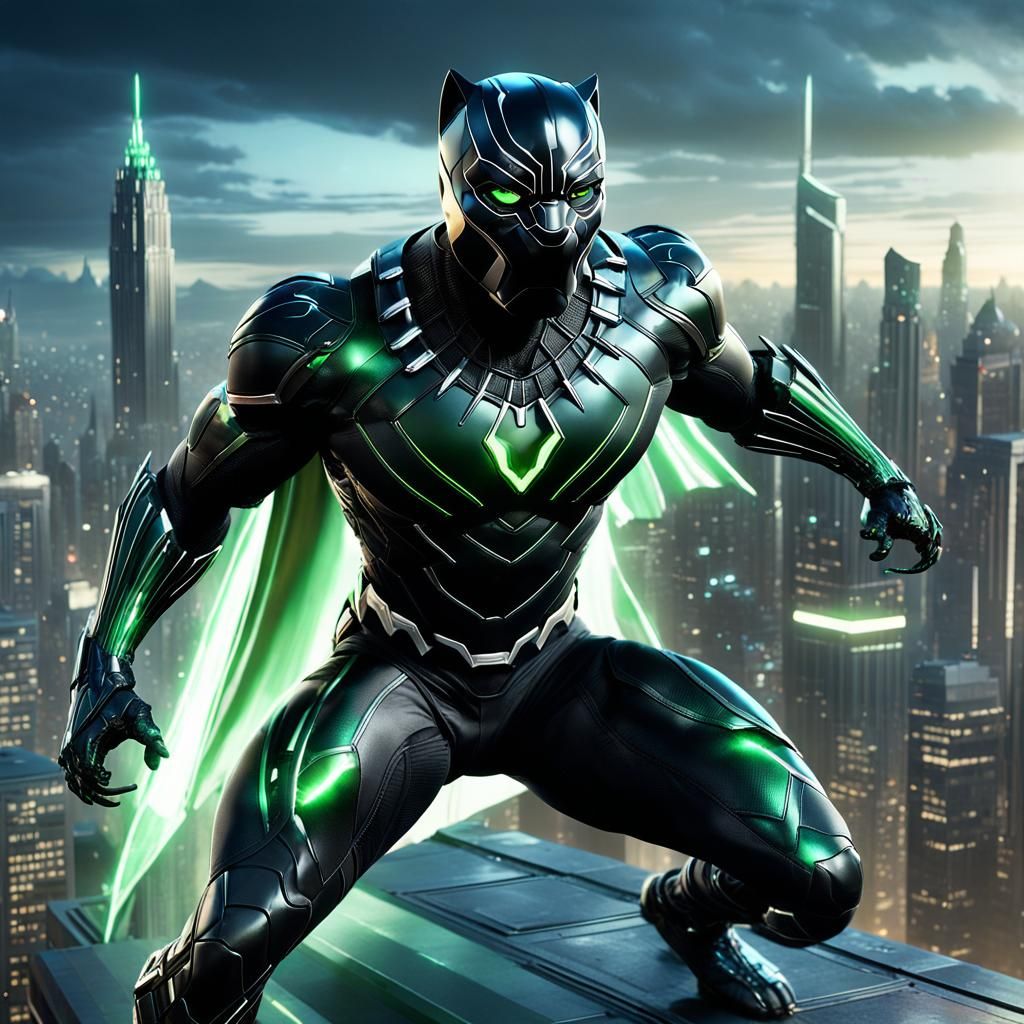 A sleek black super hero panther with glowing green eyes, we...