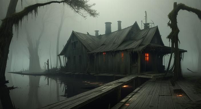 Eerie Abandoned Houseboat in Foggy Swamp