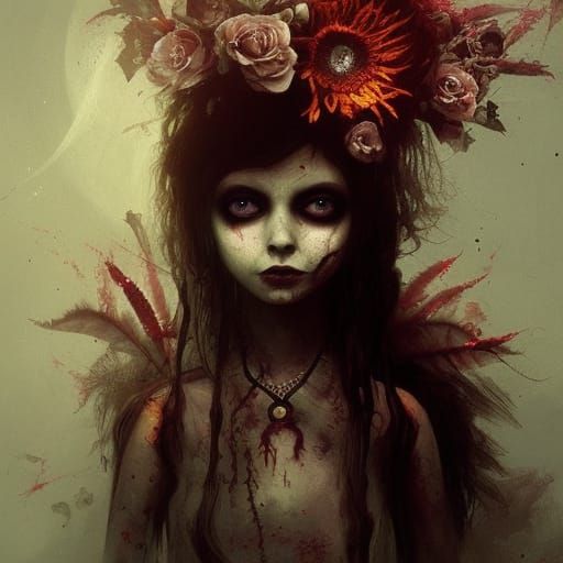 Creepy Gothic Indian Zombie Doll with Flowers