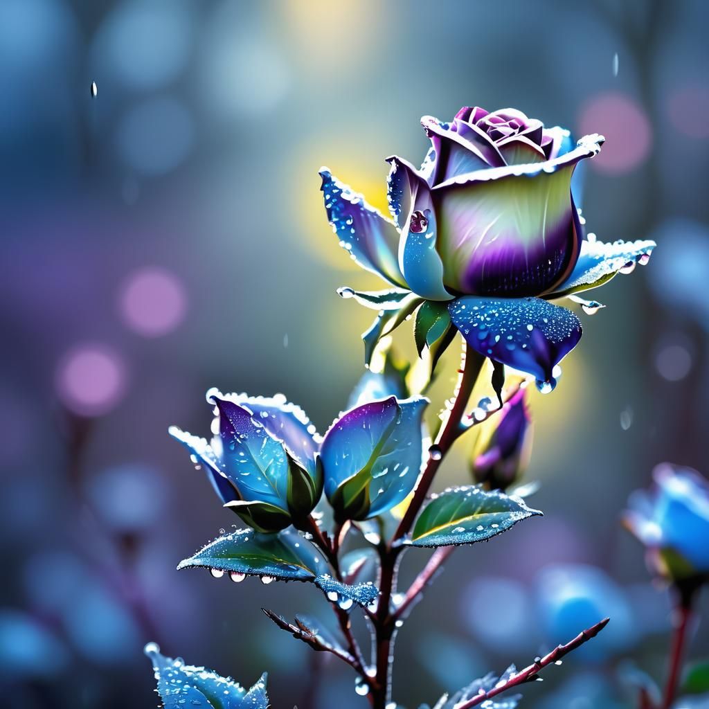 Frozen Purple Rose with Dew in 3D Anime Style