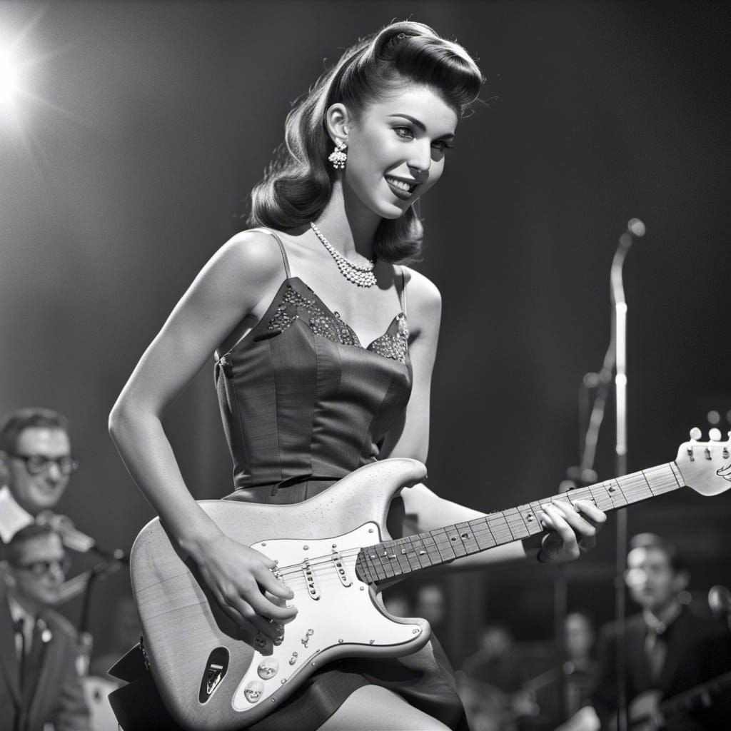 1950s Teenager Watching Guitarist on Stage