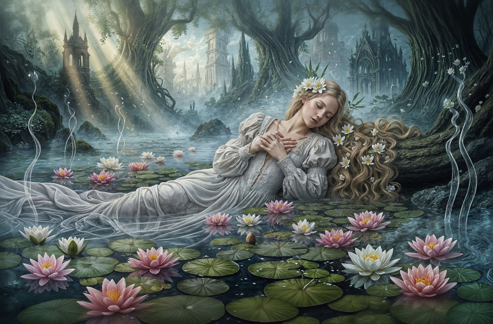Ethereal Woman Sleeping in Lily Pond: Renaissance Digital Pa...