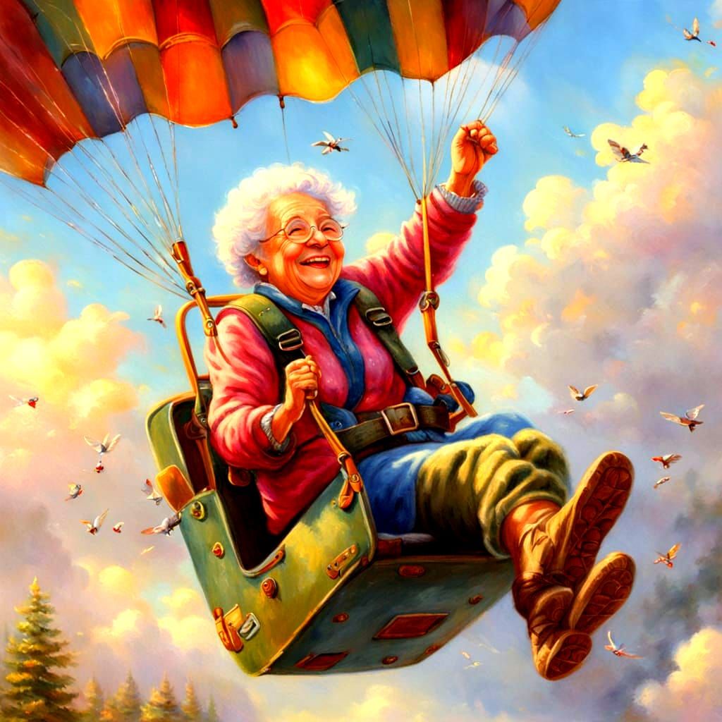 Laughing Granny Skydiving in Luminist Style