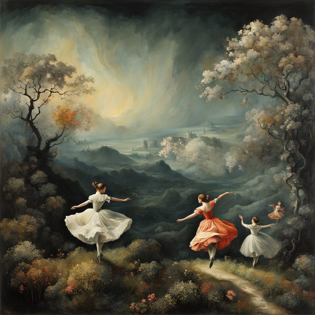 Dancers in Surreal Landscape: Textured Acrylic Ink Art