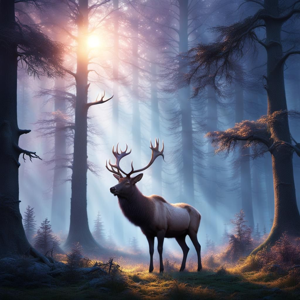 Ethereal Elk in a Golden Sunrise Forest