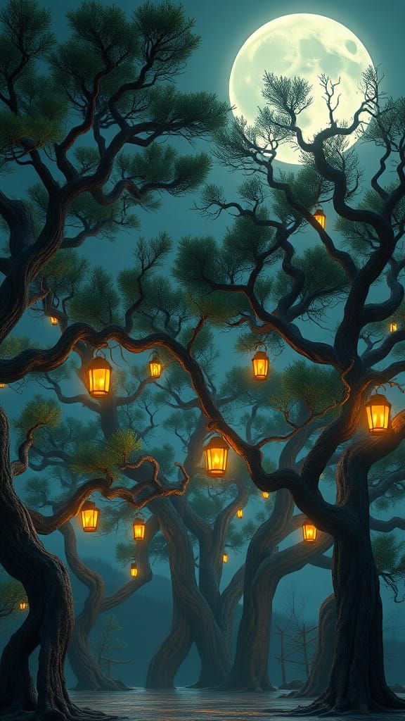 Moonless Juniper Forest Illuminated by Lanterns as if Alive...