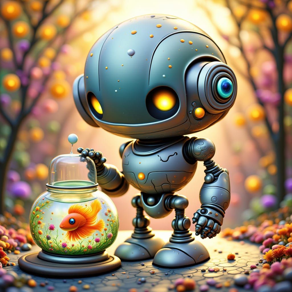Cute Robot Holding a Fishbowl
