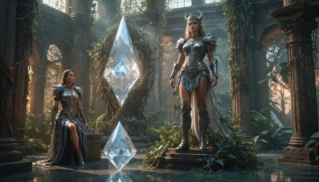 Valkyrie Guarding Opalescent Crystal in Space Palace