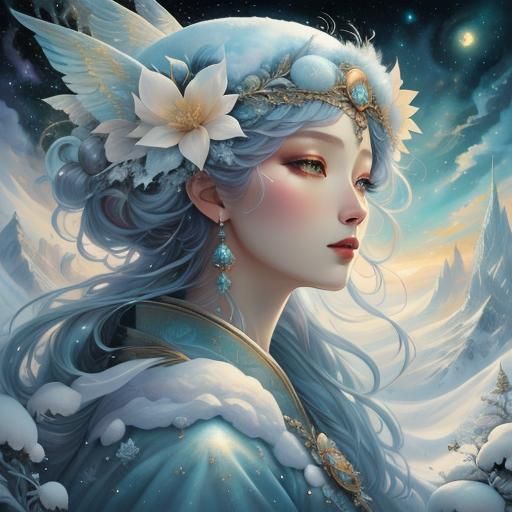 Winter Goddess in Magical Cloudscape: Digital Illustration