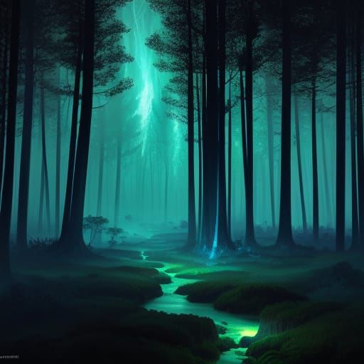 Bioluminescent Forest at Night: A Hyperrealistic Fantasy Lan...