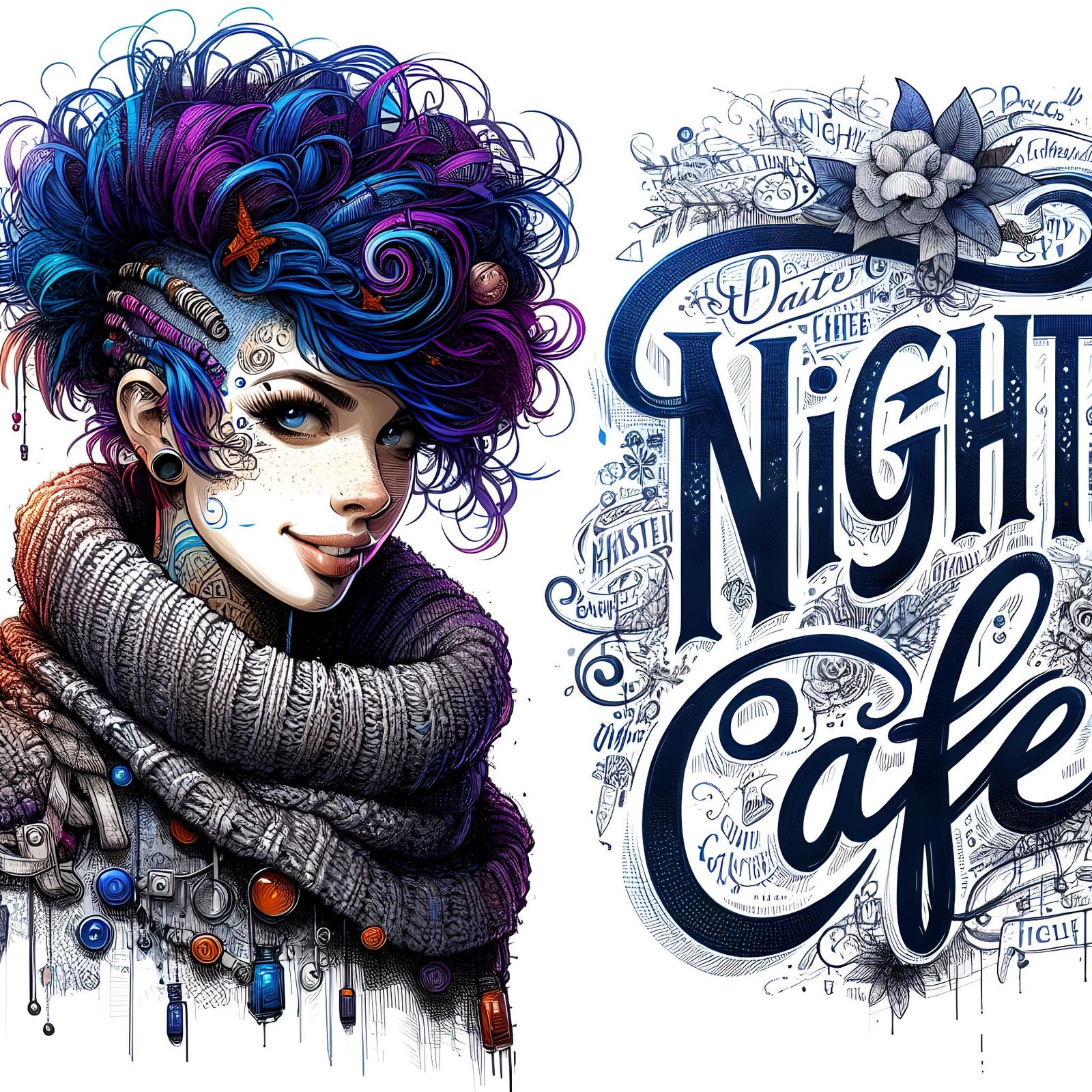 Punk Girl at Night Cafe: Ink Tattoo Sketch