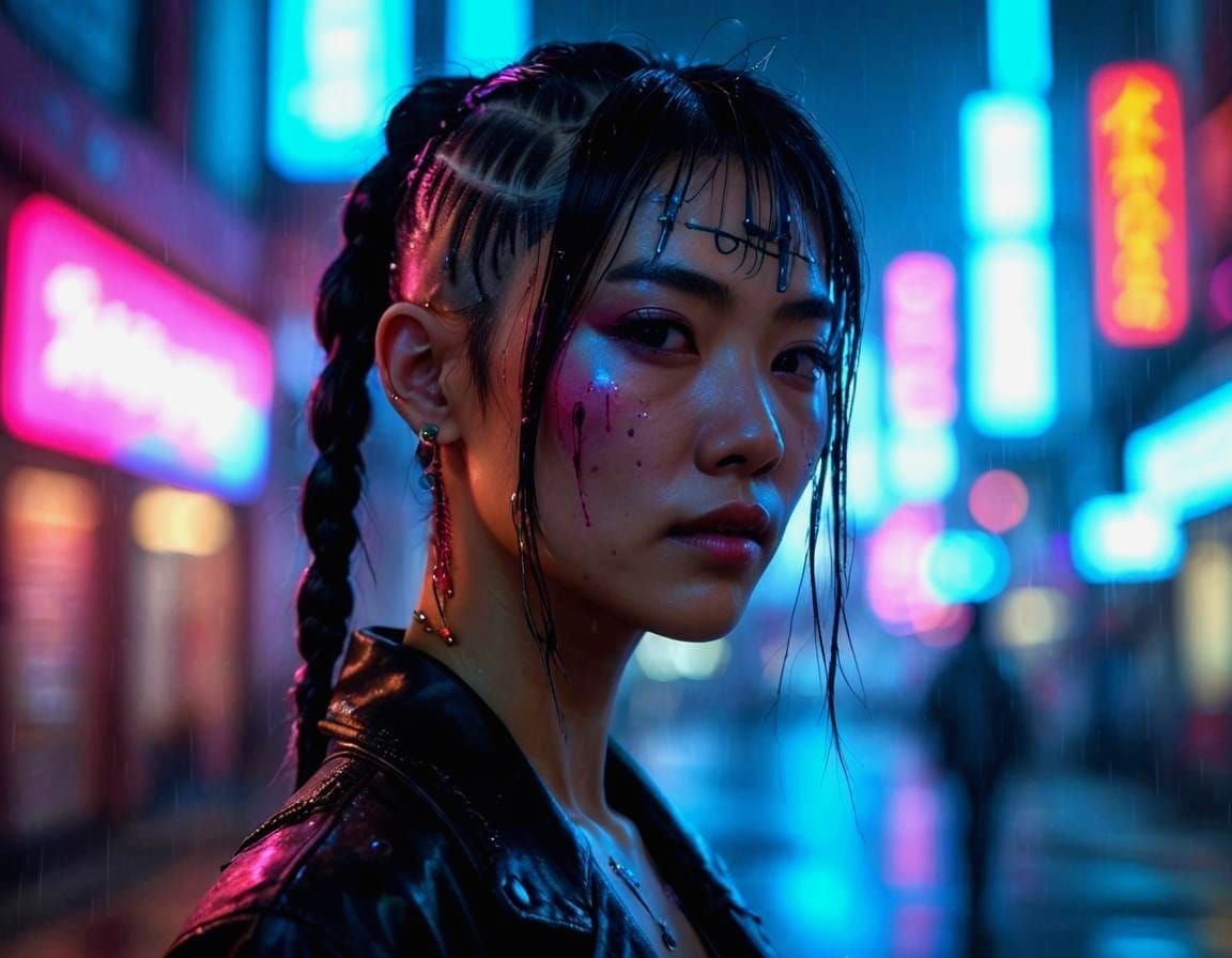 Cyberpunk Asian Woman Portrait in Hyperreal Style