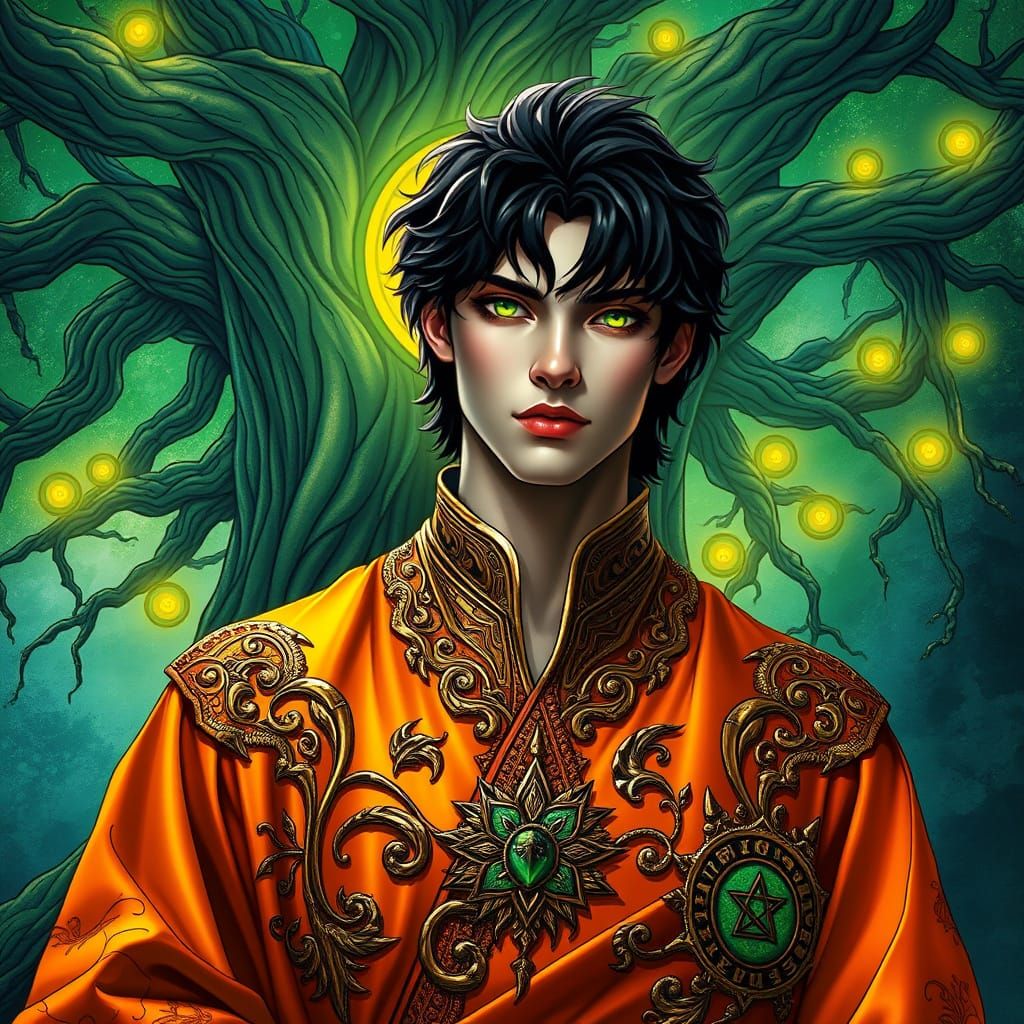 Fantasy Prince Before Ancient Portal Tree