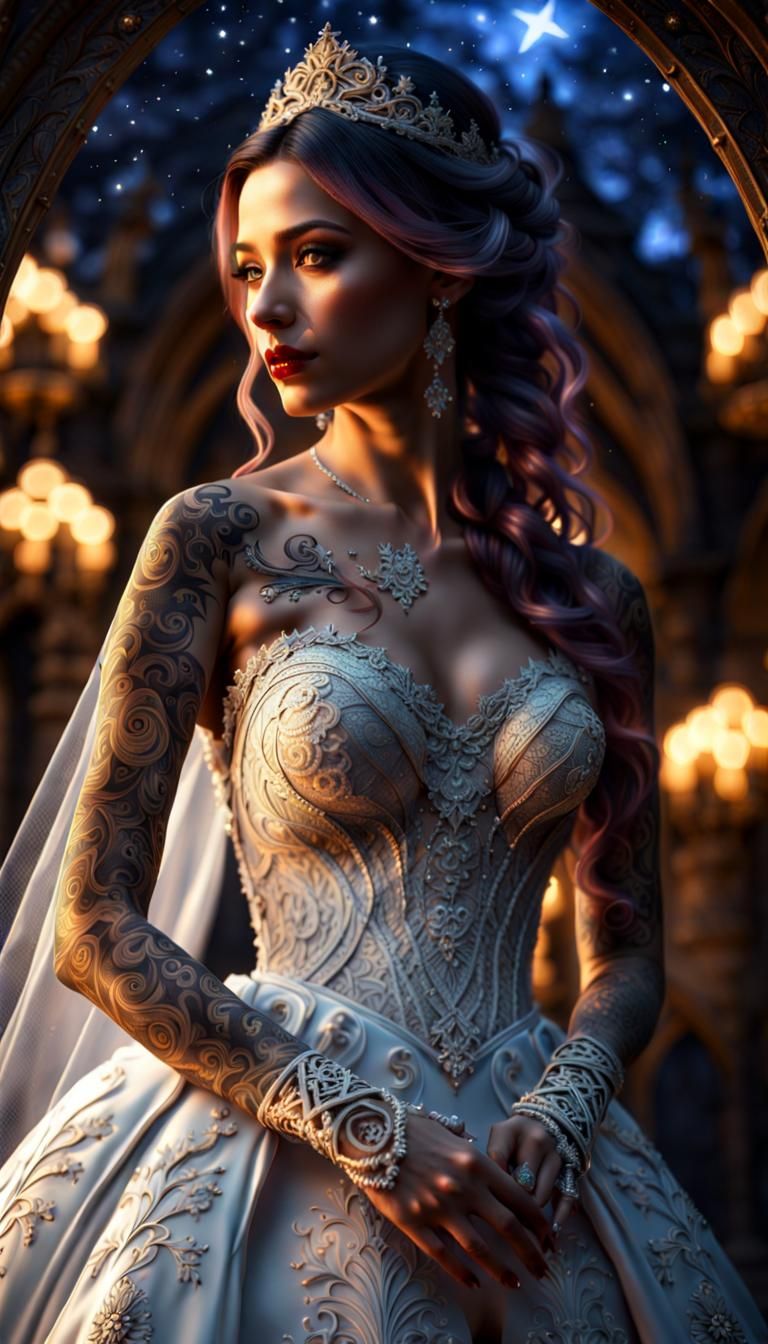 Gothic Bride Adorned in Tattoos under Starry Night