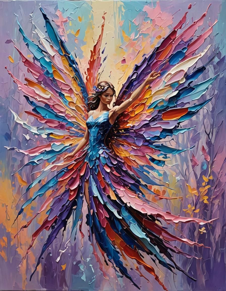 Winged Fairy in Forest Impasto Oil Painting