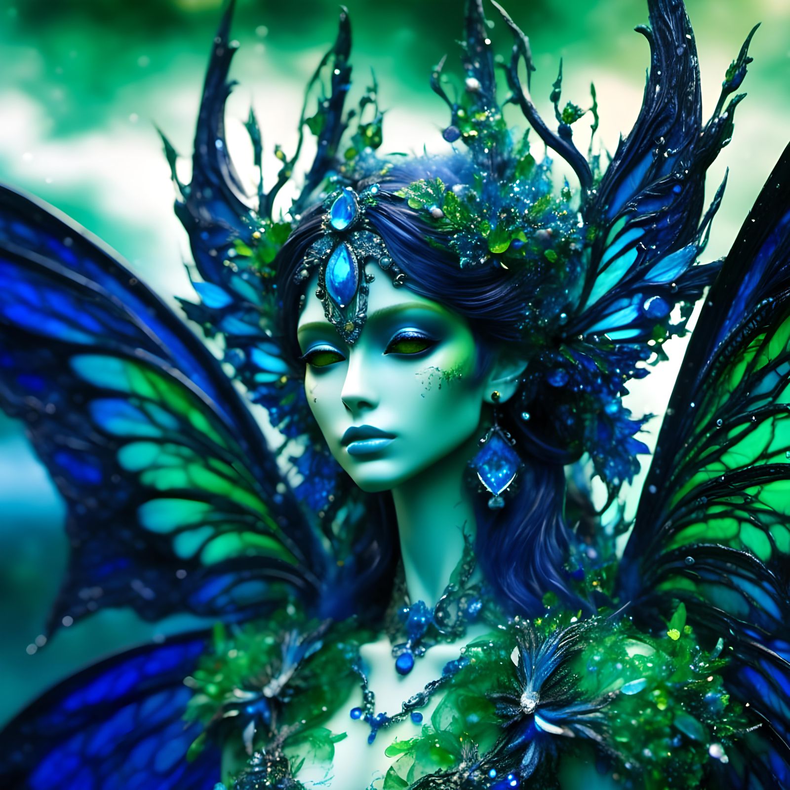 Beautiful fantasy fairy with perfect wings, palette emerald green and cobalt blue <lora:Dalle 3 lora 1:1.0>