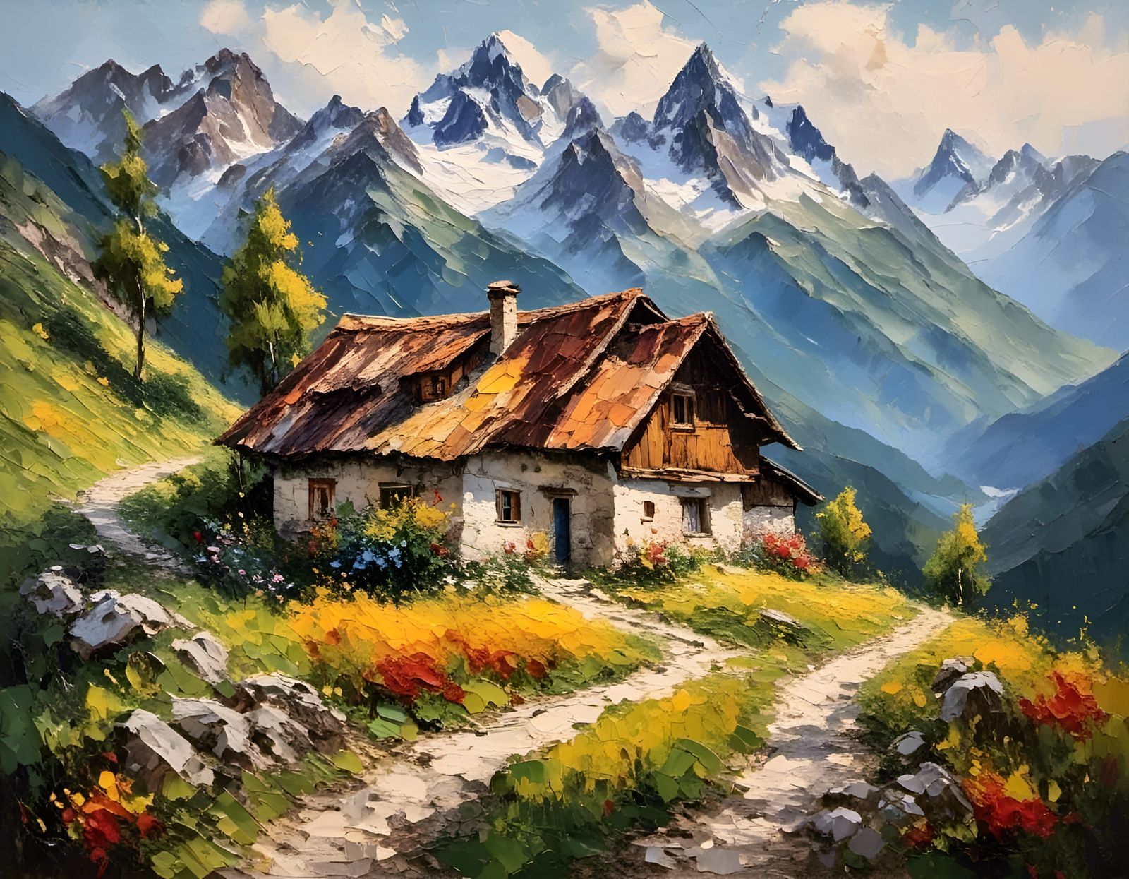 Swiss Alps Landscape with Stone Cabin in Impasto Style