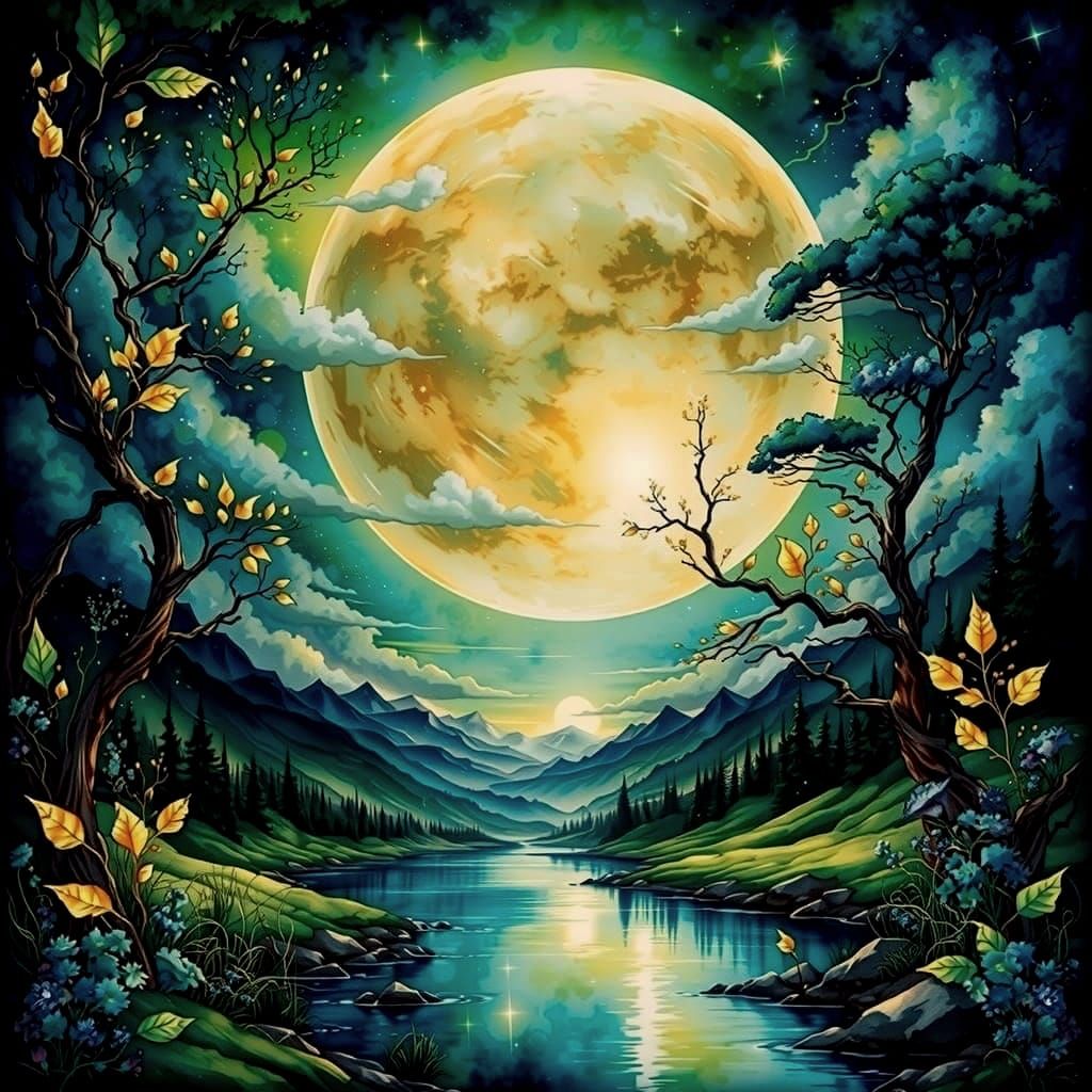 Emerald Moon Over Sapphire Lake: A Fantasy Landscape