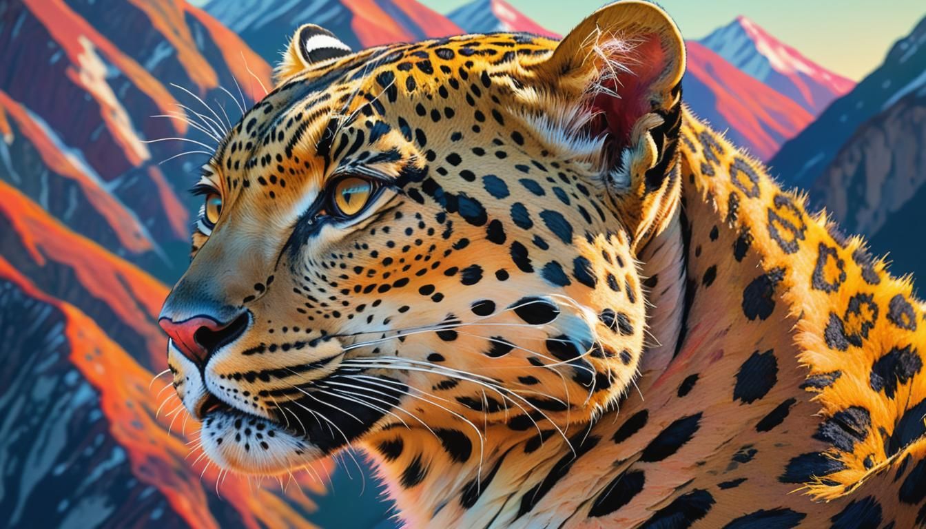 Amur Leopard Portrait in Fauvist Mountain Landscape