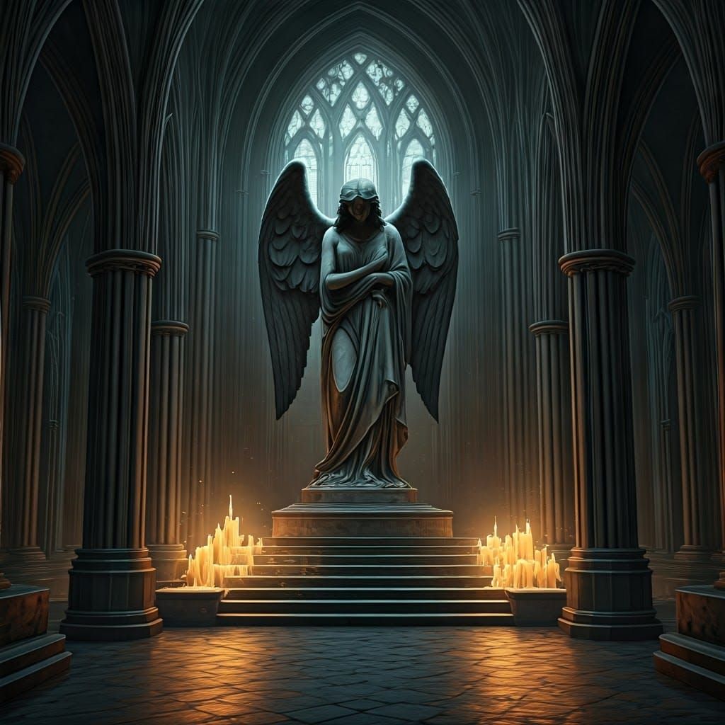 Gothic Weeping Angel Statue Guards Mysterious Crypt