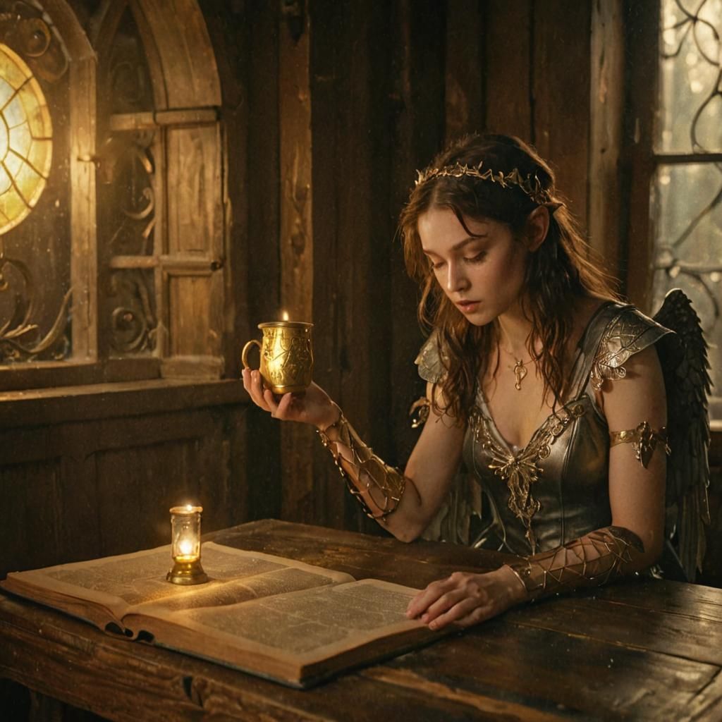 Fet Fae studying old book with shroom beer