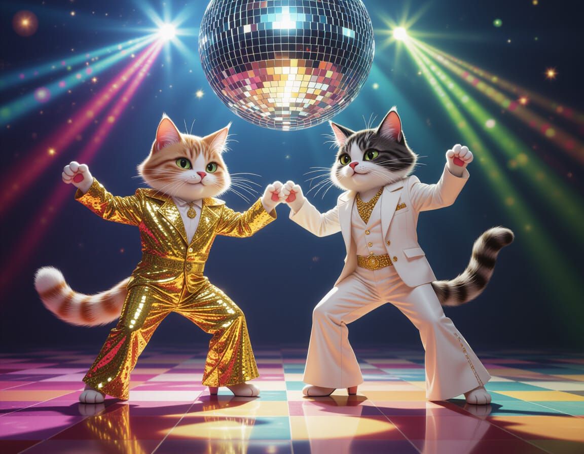 Anthropomorphic Cats Dancing at 1970s Disco