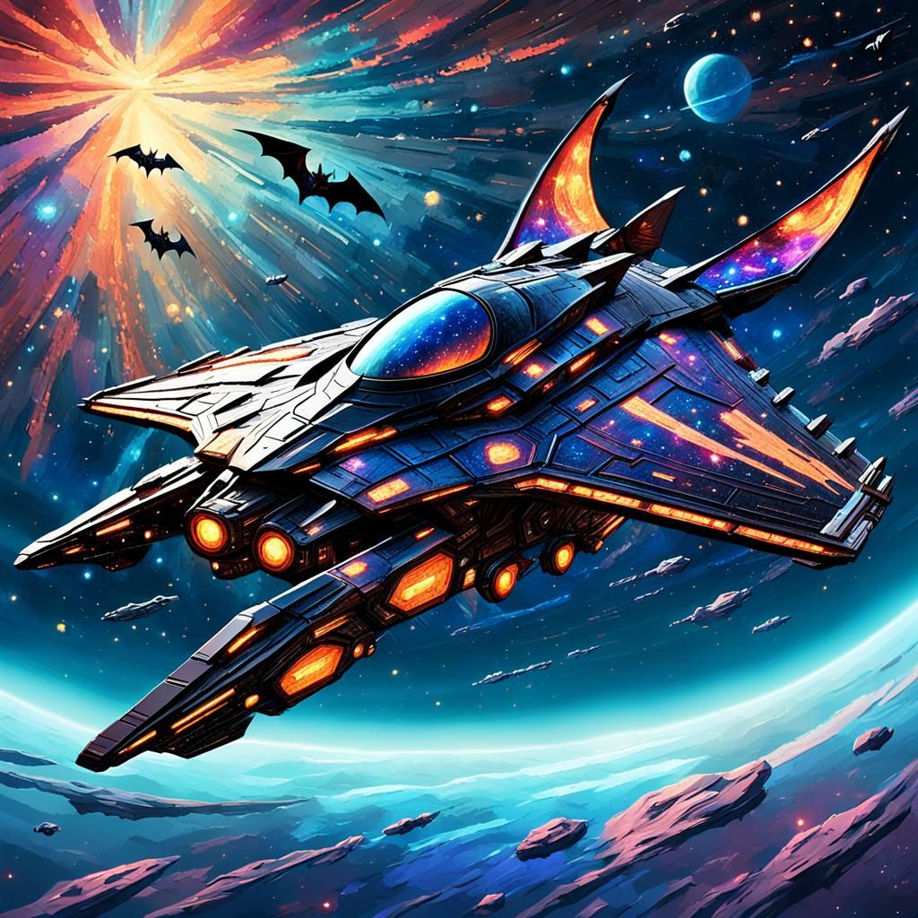 futuristic Bat inspired spaceship designed for monster hunting races through a vibrant, otherworldly expanse in outer sp...