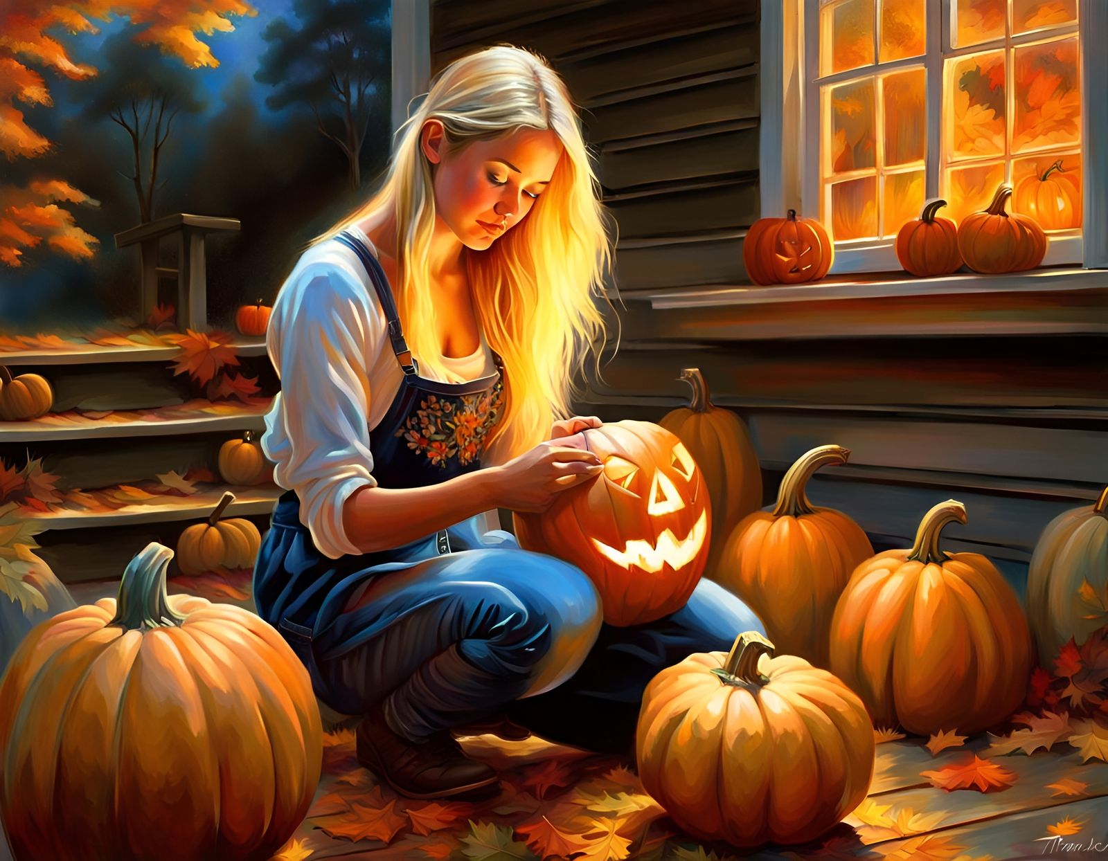 Norwegian Girl Carves Pumpkin in Folk Art Style