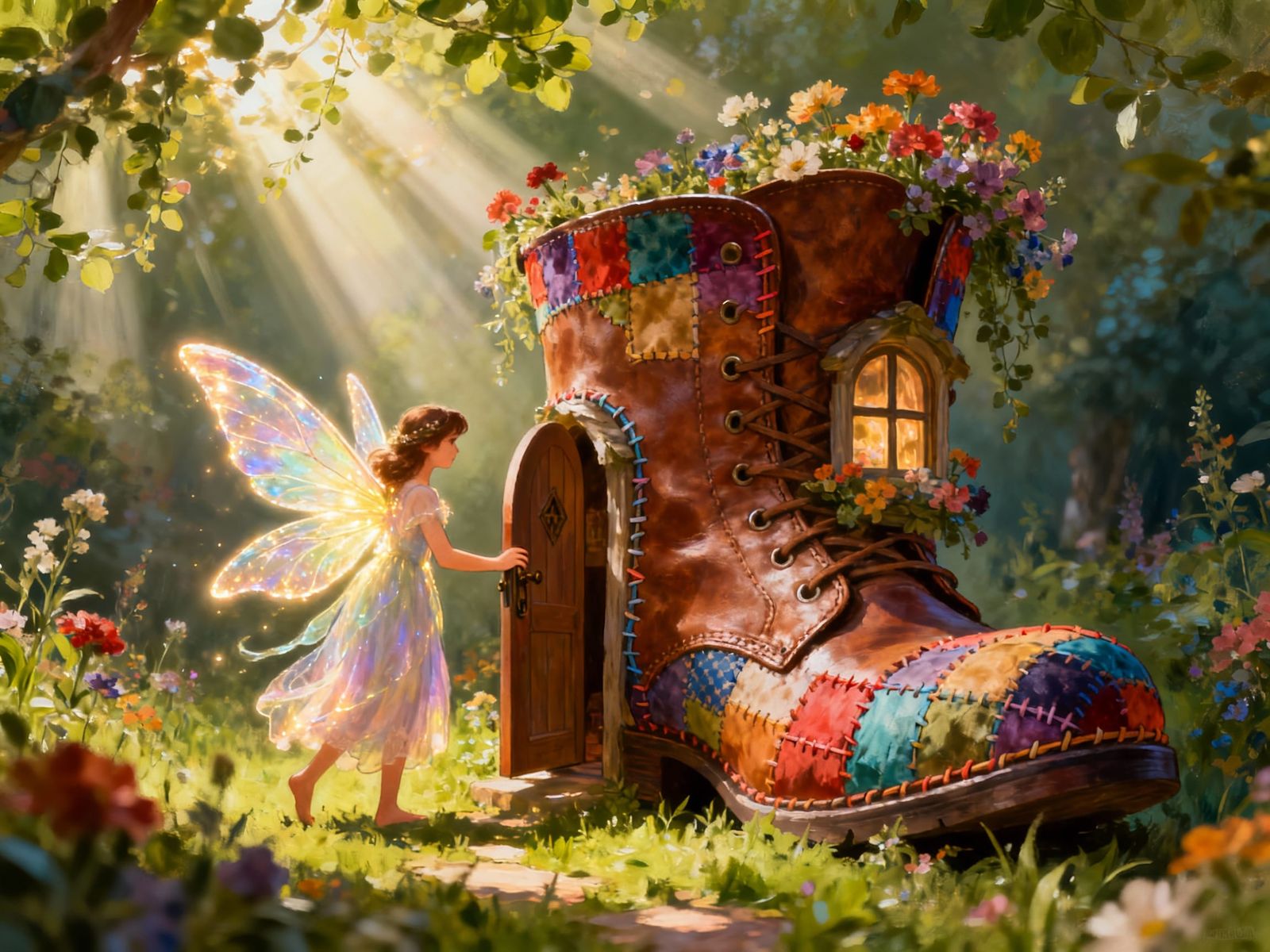 Fairy Opens Boot House Door in Dappled Sunlight