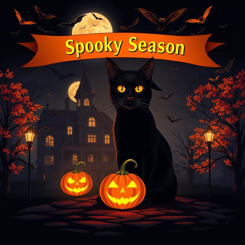 Black Cat Halloween Art Deco Digital Illustration