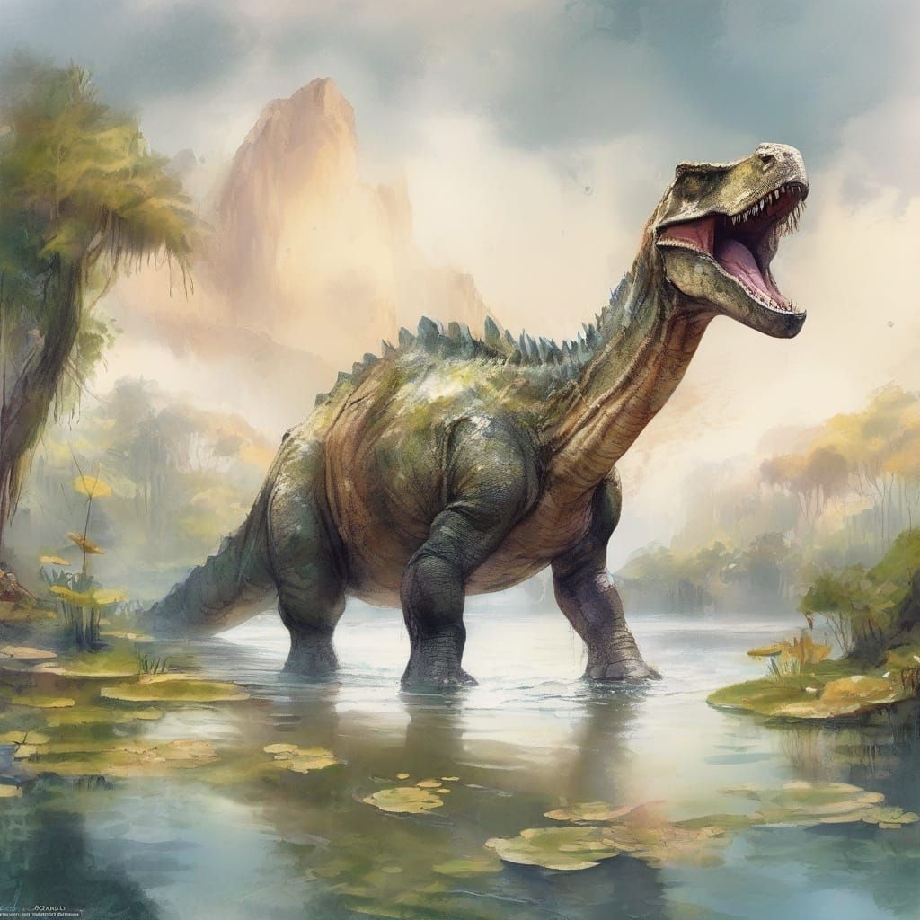 Hyperrealistic Spinosaurid in Ancient Serene Lake Ecosystem