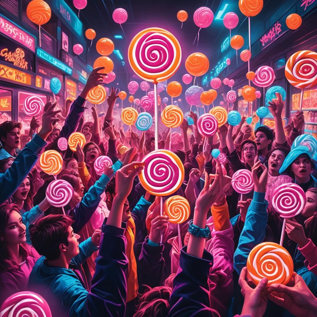 Synthwave Candy Traders in Neon-Lit Shopping Mall
