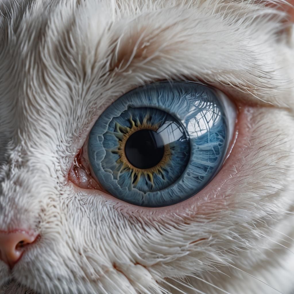 Extreme Close-Up of a Blue Eye Reflecting Cat