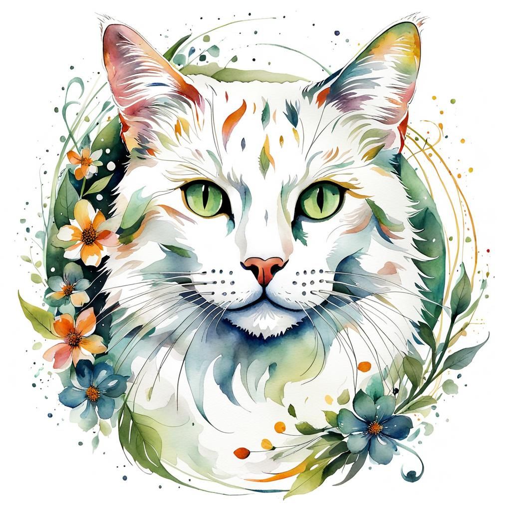 Whimsical Calico Cat in Watercolor Flower Garden
