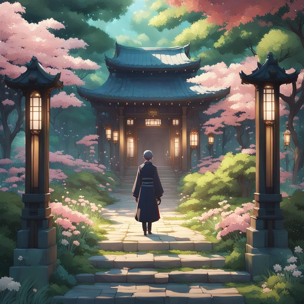 Traveler at Wood Entrance in 3D Anime Style