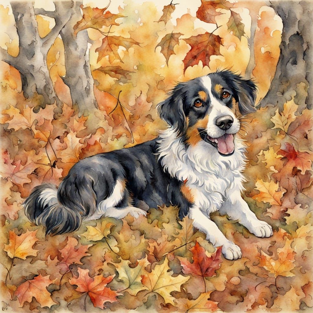 Happy Dog Playing with Autumn Leaves in Watercolour