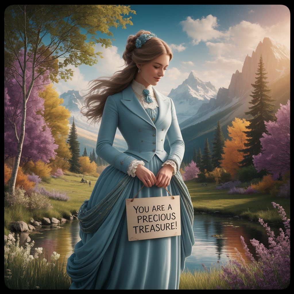 Victorian-Era Beauty Radiates Joy in a Serene Mountain Lands...