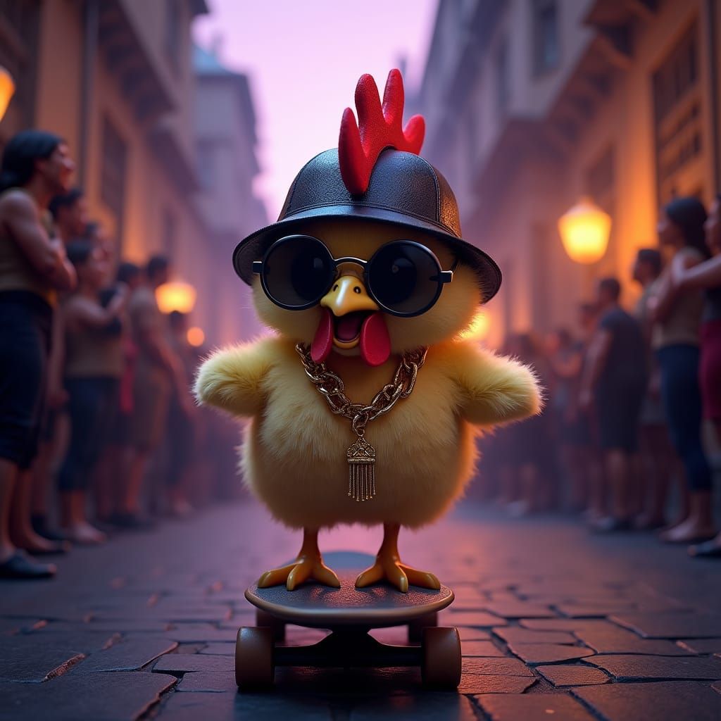 Cool Chicken Skateboarder in Misty Alleyway