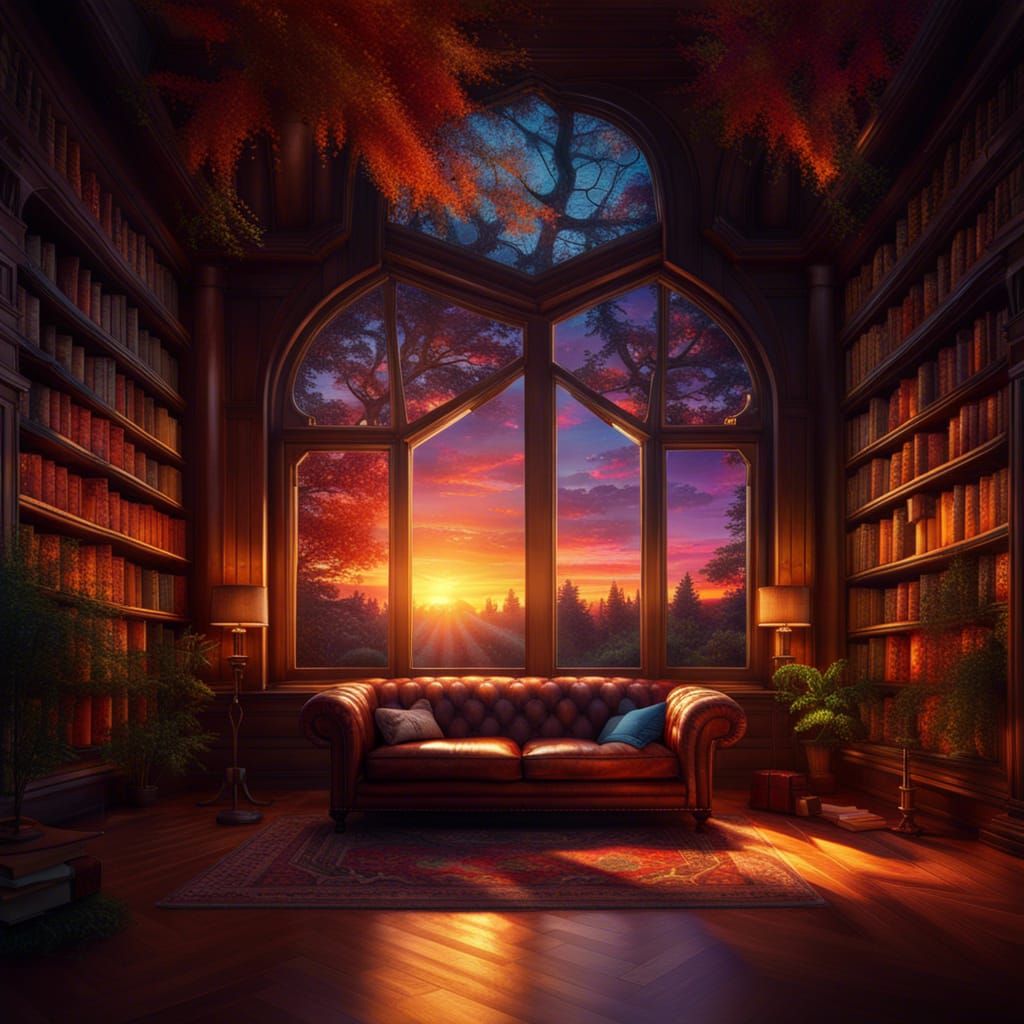 Luxury Library with Sunset View, Detailed Matte Painting