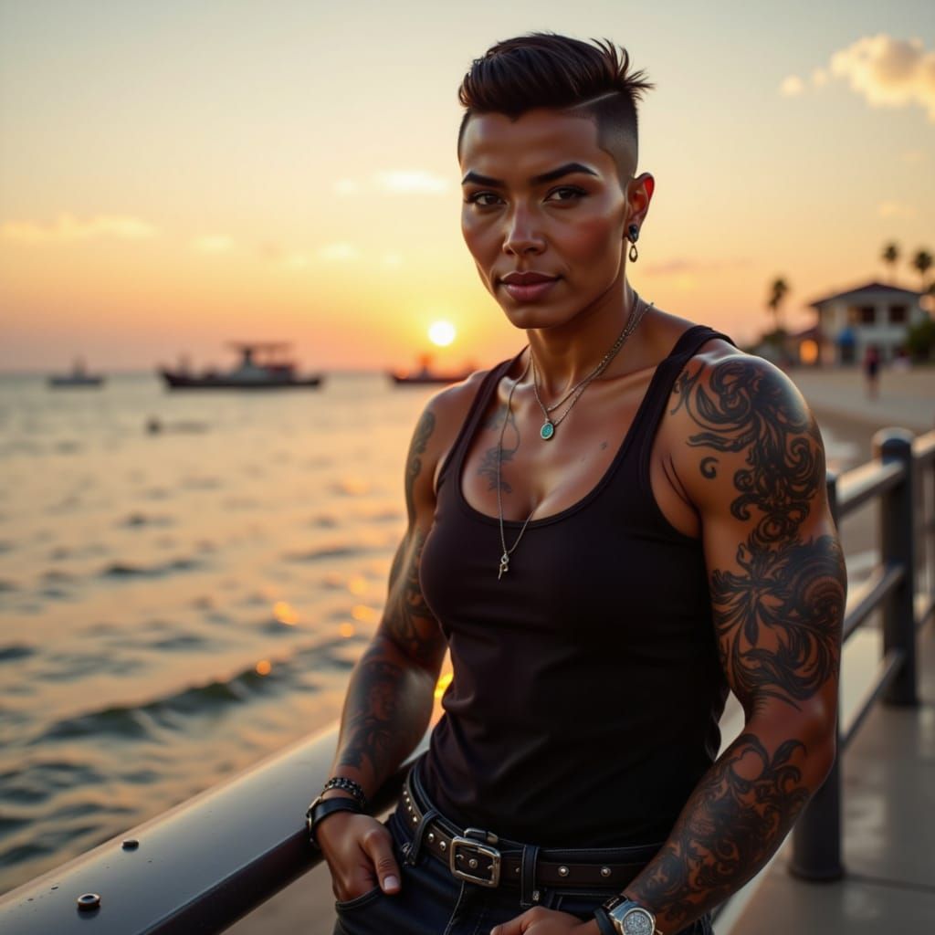 Tomboyish Warrior Woman Smirks on Pier at Sunrise