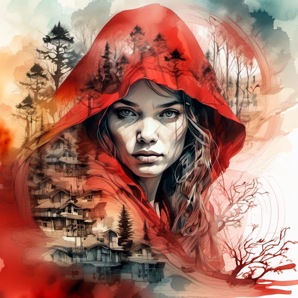 Red Riding Hood Double Exposure Watercolor Illustration