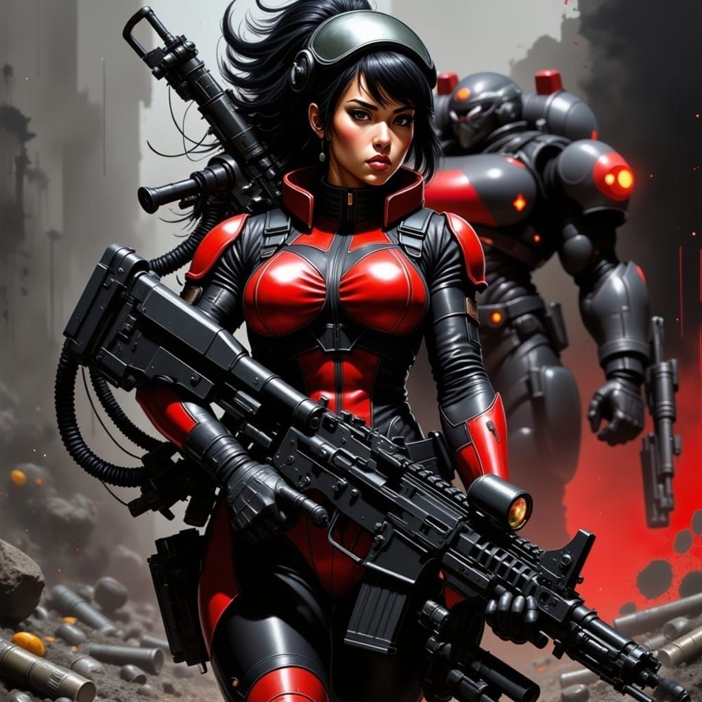 Girl Soldier in Cyberpunk Ruins with Sniper Rifle
