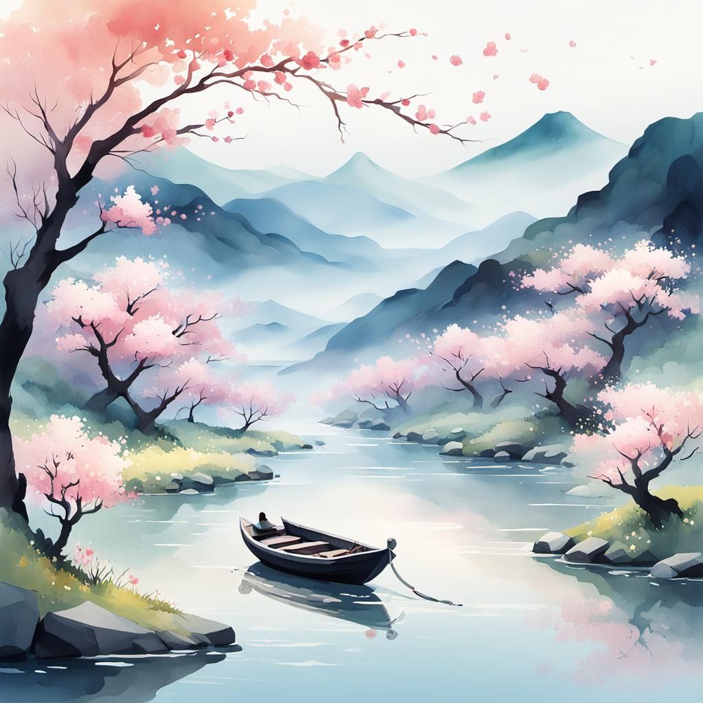 Blossom Boat on Meandering River: Watercolor Landscape
